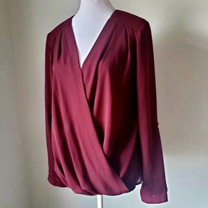 LADY DUTCH Crimson Red Drapey Crossover Blouse Long Sleeves Shoulder Detailing